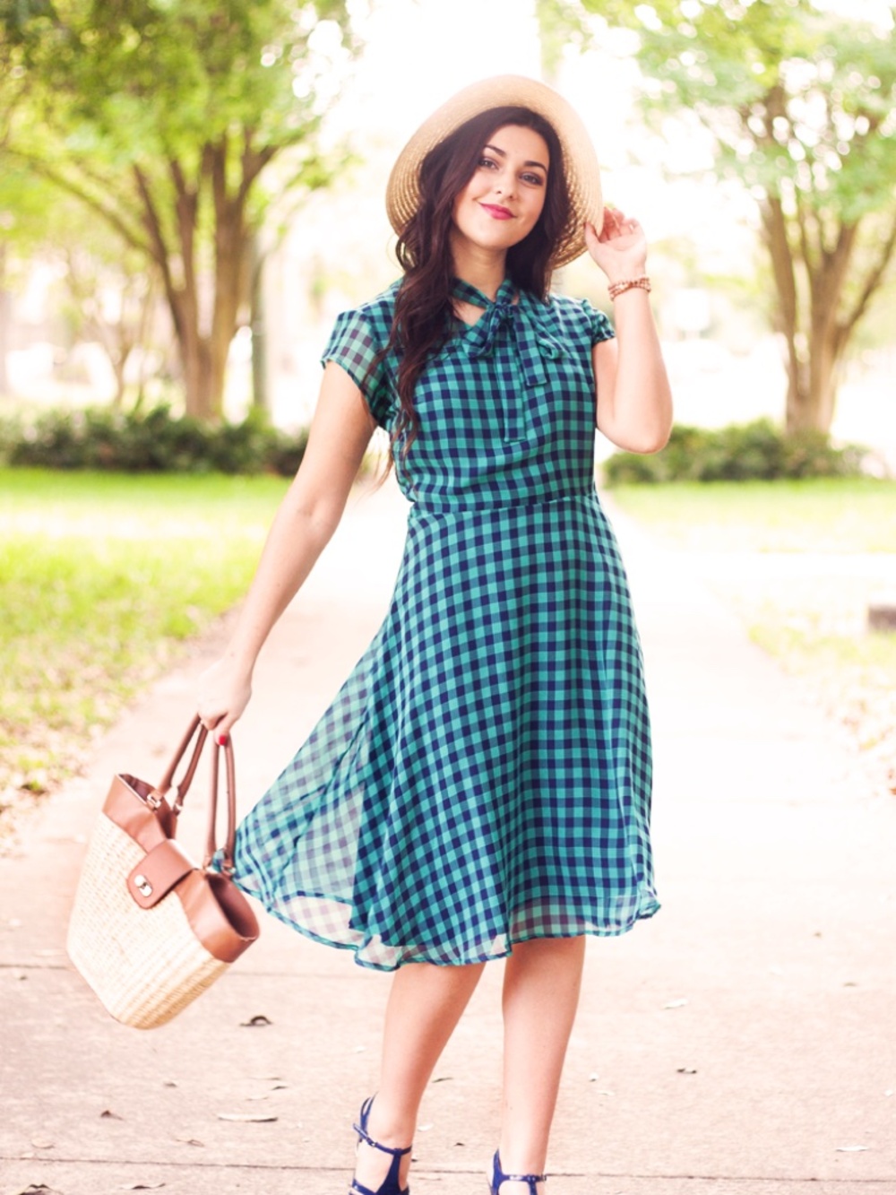 Shabby Apple Teal Navy Gingham Chiffon Fit & Flare Dress Size 4